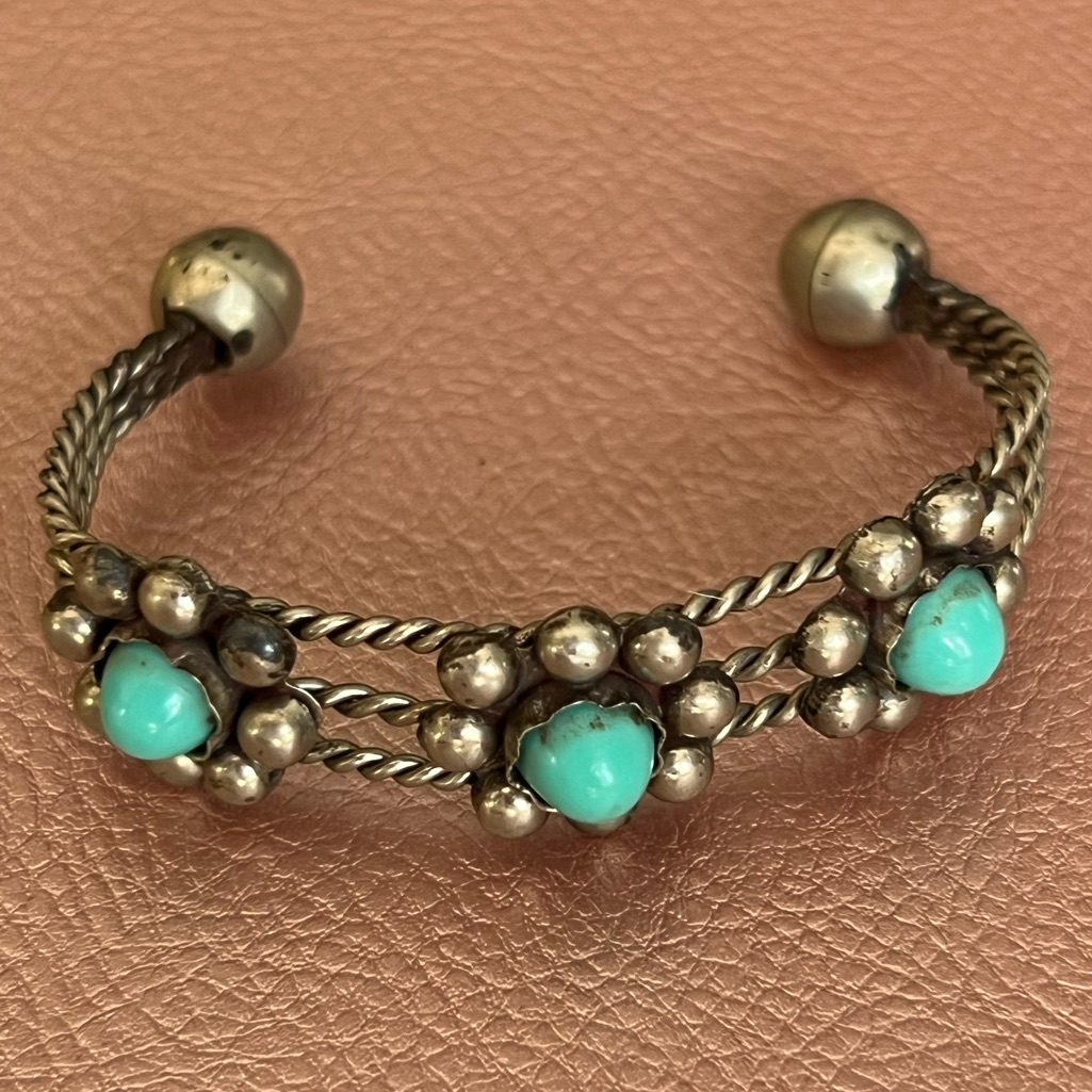 Antique Early 20th Century Native Sterling Turquoise Cuff Bracelet